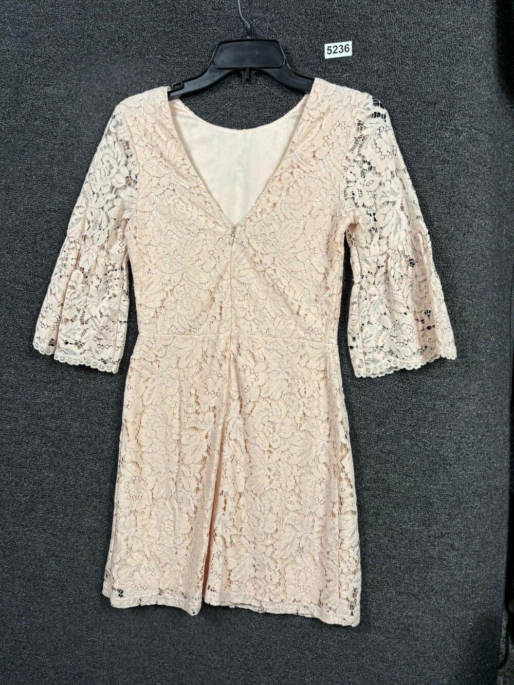 Miss Selfridge Dress Womens Sz 4 Blush Pink Lace Bell Sleeve Lined A-Line Mini